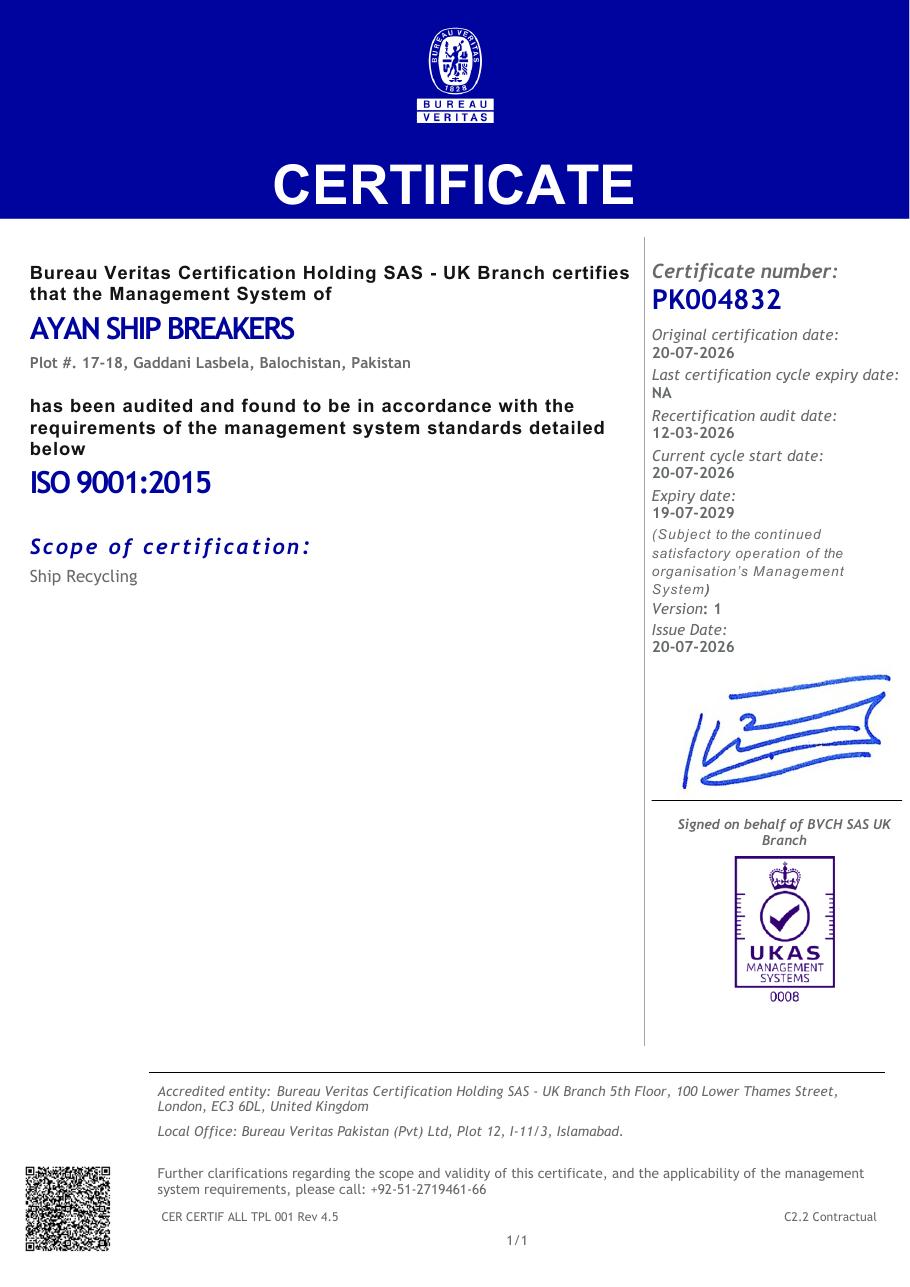 ISO 9001:2015 certificate no. PK004832 issued to Ayan Ship Breakers