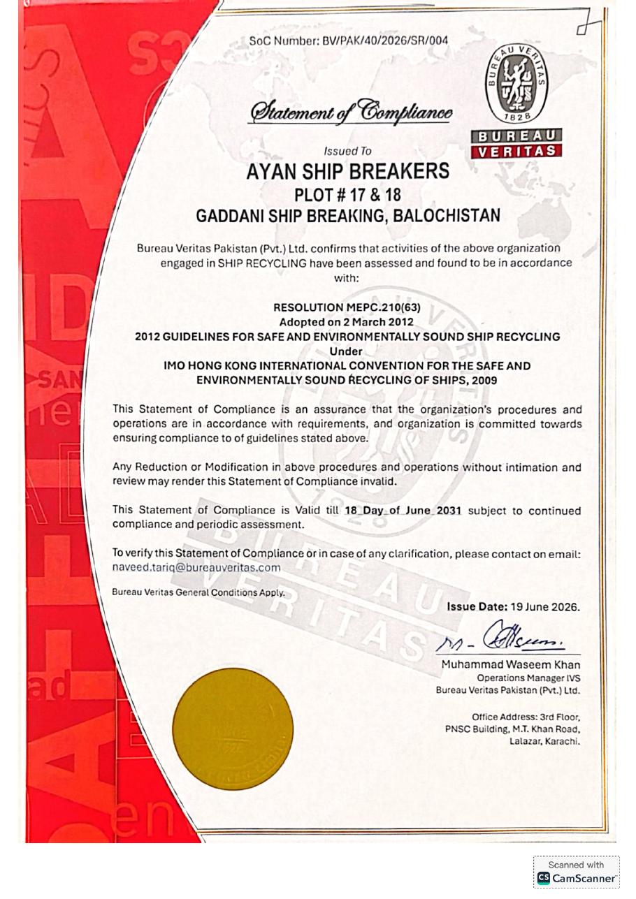 Bureau Veritas Statement of Compliance — SoC BV/PAK/40/2026/SR/004